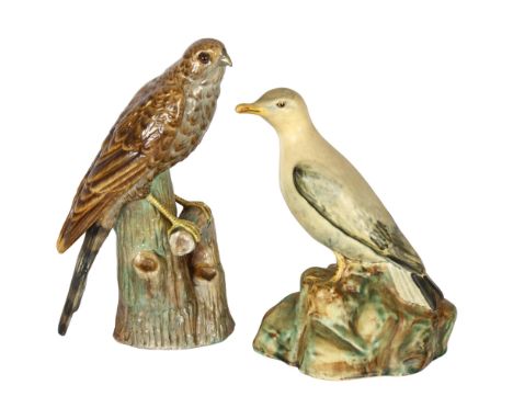 RUDOLF KAMMER VOLKSTEDT (Germany) - a ceramic sculpture of a hawk perched on a branch, H26cm, and a study of a seagull perche
