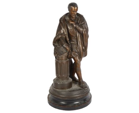 A patinated spelter figure, a study of a Tudor gentleman leaning against a pillar, on turned wood plinth base, overall height