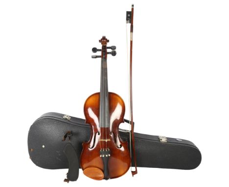 A Tatra by Rosetti Stradivarius model violin, 34cm, with mother-of-pearl inlaid bow, in case 