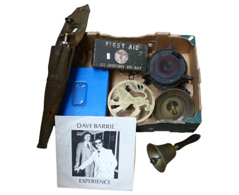 Cash tin, First Aid tin, carved wood Chinese vase stand (A/F), bell, a Dave Barrie Experience signed LP etc 