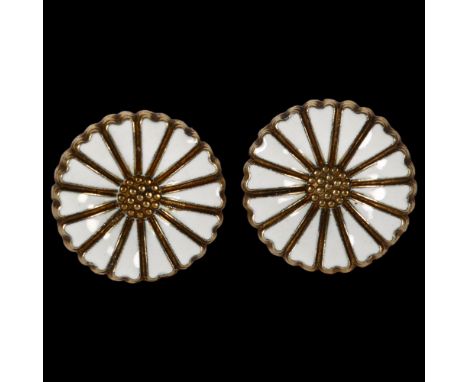 NATIONAL MUSEET - a pair of Danish silver-gilt and white enamel daisy pattern earrings 