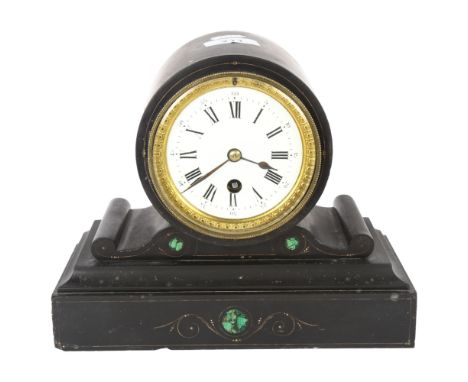 A Victorian black slate and malachite decorated drum mantel clock, white enamel dial, Roman numerals, 8-day movement, movemen