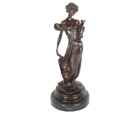 After Jean Patoue, patinated bronze sculpture, figure holding a vase, on turned marble base, H35cmGood condition 