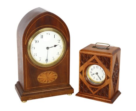 An Edwardian mahogany lancet-top mantel clock, H22cm, and another (2) 