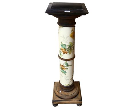 Antique plant/lamp stand, with floral decorated ceramic column, wooden top and plinth with bun feet, H97cm 