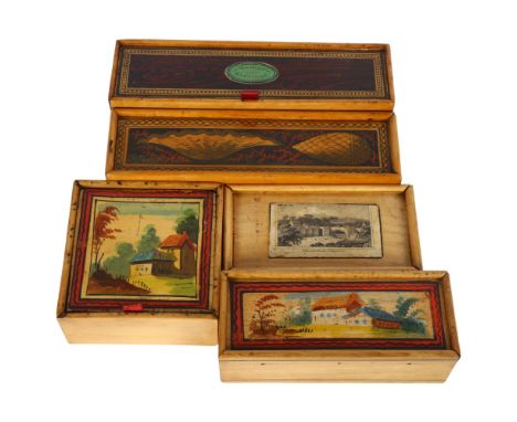 Tunbrideg Ware - A collection of white wood boxes circa 1820s, to include a pencil box "Present from Hastings", another with 