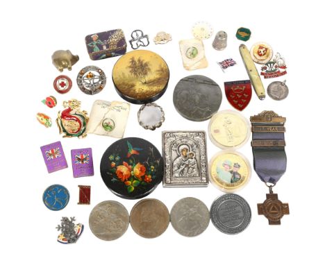 A box of interesting items, to include 2 black lacquered circular boxes, a miniature icon, East Sussex enamel badge and other