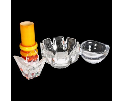 4 pieces of Swedish Art Glass, 3 Orrefors bowls, includinga  Sandart bowl by Lars Hellsten and an orange Art Deco vase, heigh