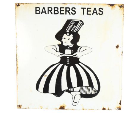 A monochrome enamel advertising sign "Barbers Teas", W43cm 