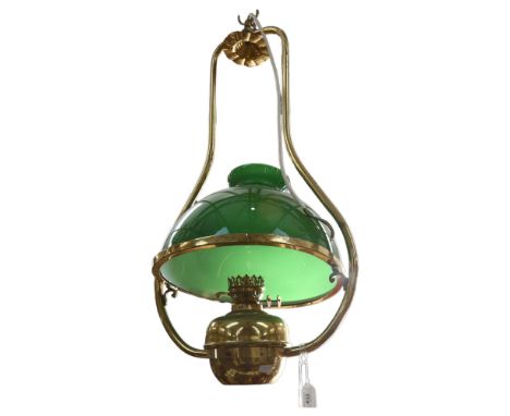 A brass oil lamp design ceiling light fitting, with green glass shade, 42cm across 