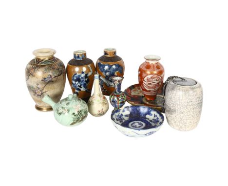 A group of Oriental ceramics, to include 2 crackle glaze vases, H18cm, a small orange and gilt decorated Kutani vase, a celad