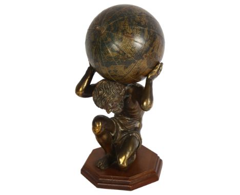 Gilded figure of Atlas holding a globe, on wooden plinth, H27cm 