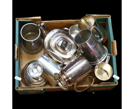 A quantity of silver plated tankards, plated teapot etc (boxful) 