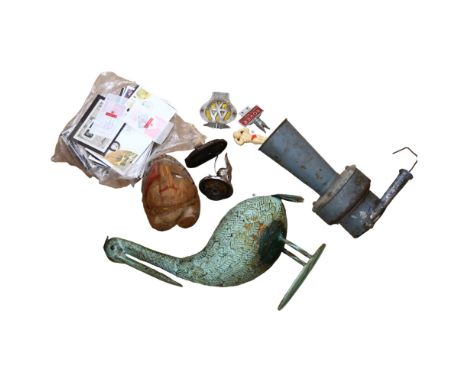Viking car mascot, verdigris pelican, AA badge, First Day Covers etc 