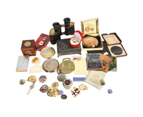 A box of interesting items, including replica Lusitania medal, antimony box, compacts, compass etc 