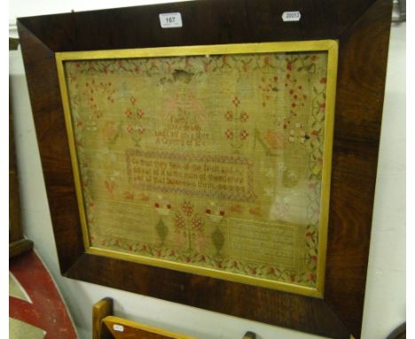 A Victorian cross-stitch sampler, maple frame.
