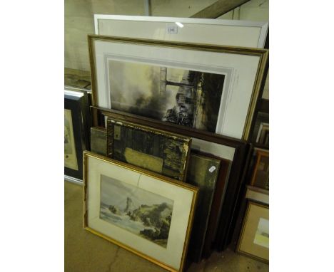 Framed prints and oils and a lithograph, rough sea by the pier.