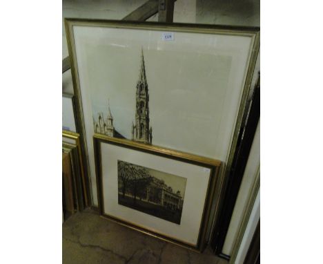 Coloured etching, Brussels Hotel de Ville, and a coloured etching, Vienna Opera House, framed, (2).