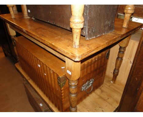 A Vintage pine plank top kitchen table with end frieze drawer on turned legs, length 4'5".