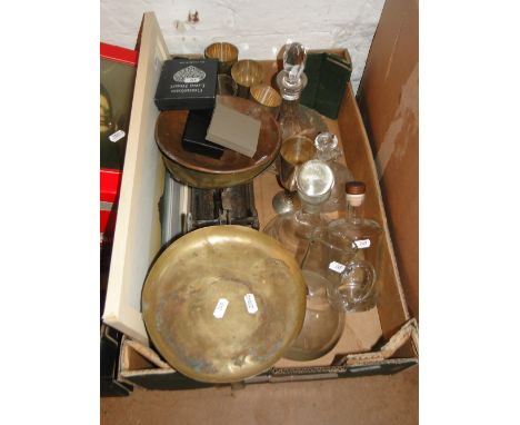 Decanters, brass pan scale, goblets, etc.