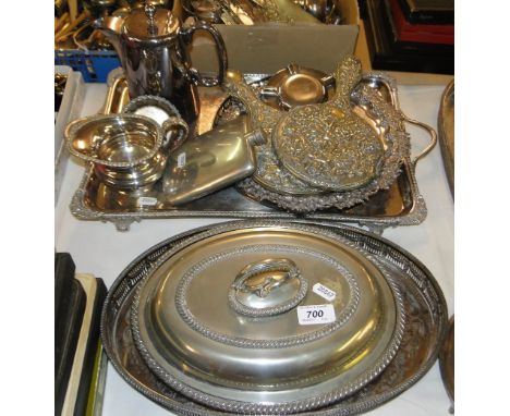 An oval plated tray, a rectangular 2-handled silver plated serving tray, salver, dressing table mirrors, tureen, hip flask, e