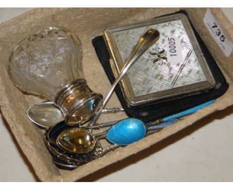 A silver compact, scent bottle, enamel and silver spoons, etc.