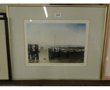 Gordon Miles, coloured etching, landing stage Rye harbour, signed in pencil, no. 81/100, p 9.5" x 13.5", framed.