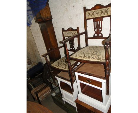 An oak Grandmother clock case, 2 white painted bedsides, commode, pine trunk, elbow chairs, etc.