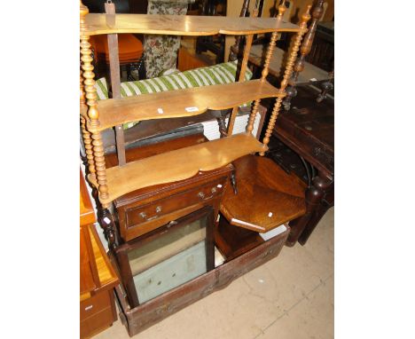 Vintage leather suitcase, oak octagonal occasional table, bobbin turned hanging shelf, swing toilet mirror and a side table.