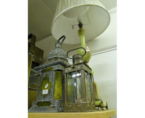 2 Lanterns and an onyx table lamp and shade.