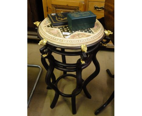 A Chinese checkers games top table on stand and accessories.