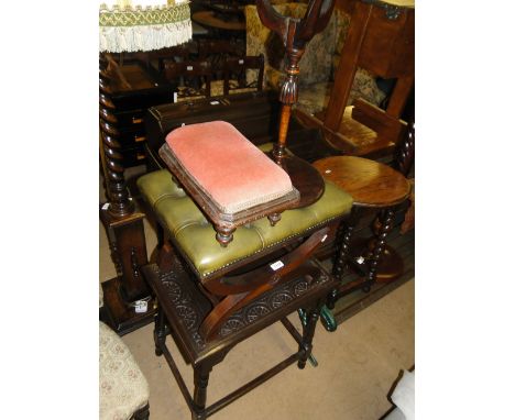 A barleytwist standard lamp, 2 oak occasional tables, upholstered stool, another and a wine table, (6).