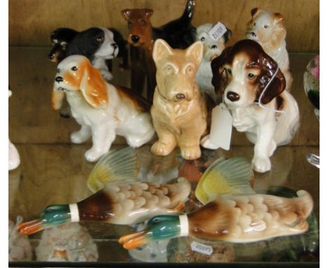 8 Dog figures including Sylvac, and a pair of Keele Street Pottery flying ducks.