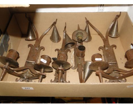 A pair of twin branch Gothic steel wall lights and matching single light fittings.