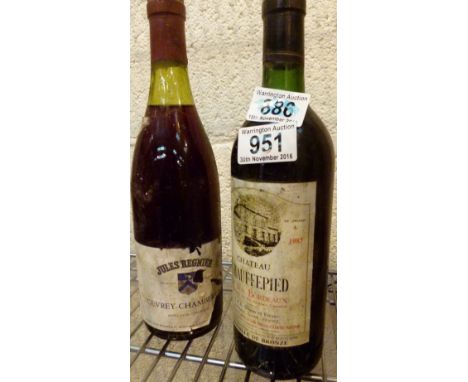 Two bottles of French wine, 1985 Chateau Chauffepied Ste. Foy Bordeaux and early 1980s bottle of Gevry Chambertin by Jules Re