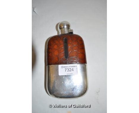 *A silver plated and crocodile skin hip flask by James Dixon, 1930's, monogrammed B.  (Lot subject to VAT)