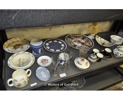 Decorative china including Bunnykins christening set, Wedgwood and Aynsley coffee cans and saucers.