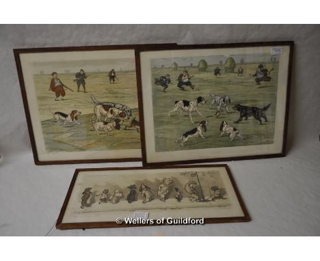 A pair of humourous hunting prints 'Sex Appeal' and 'Union Fait la Force'; an amusing French dog print (3).