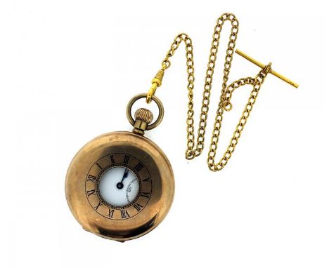 J.W. Benson 9ct half hunter pocket watch, the white enamel dial with Roman numerals and subsidiary seconds dial, together wit
