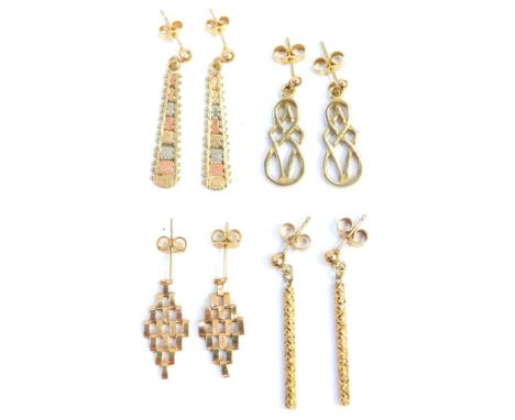 Four pairs of 9ct gold and other earrings, comprising a pair of 9ct gold stick layered drop earrings, with butterfly backs, a