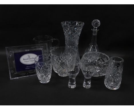 A group of cut glassware, including a Royal Doulton Fuchsia pattern photograph frame, 12cm high, 17cm wide, decanter and stop