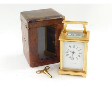 A late 19thC brass cased carriage clock for Carrington and Company,130 Regents Street W, rectangular dial bearing Roman numer