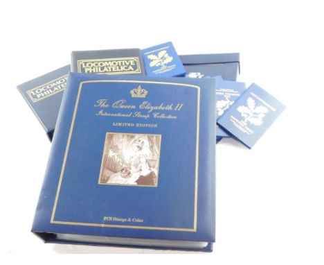 A QEII stamp collection, limited edition album, various National Trust visitors passbooks stamp sets in hardback covers, foli