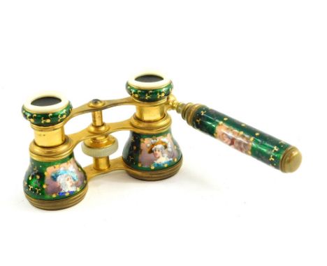 A pair of late 19thC Continental brass and green enamel opera glasses, with mother of pearl eye pieces, decorated with reserv