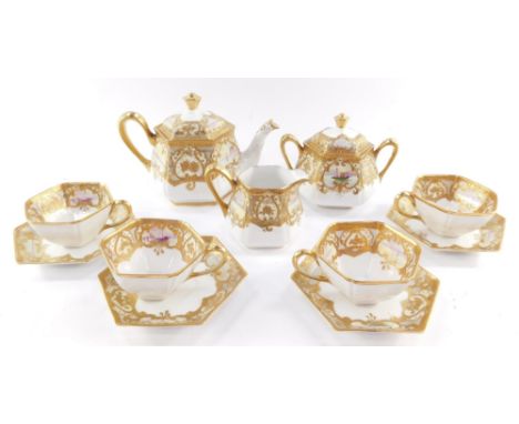 A Noritake porcelain part tea service, of octagonal form painted with reserves of boating scenes, gilt highlighted with flowe