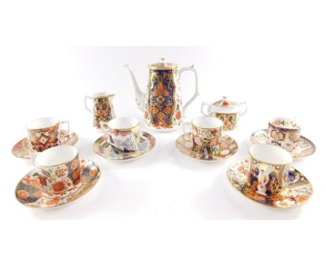 A Royal Crown Derby Imari porcelain part coffee service decorated in The Curator's pattern, comprising coffee pot, cream jug,