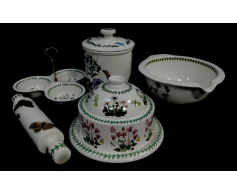 A group of Portmeirion pottery decorated in the Botanic Garden pattern, comprising a mixing bowl, rolling pin, tagine pot, st