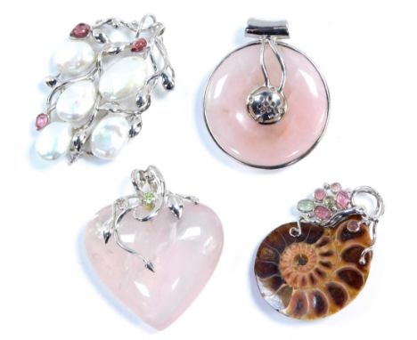 Four stone set pendants, comprising a heart shaped rose quartz silver framed pendant, a rose quartz multi stone set, silver f
