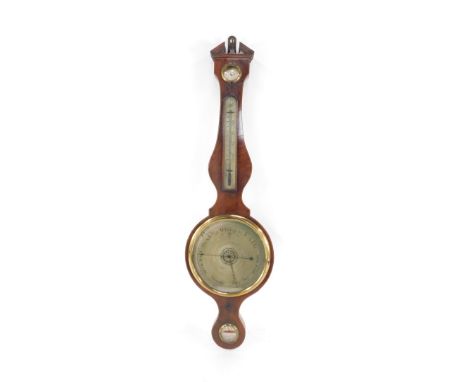 B Verga &amp; Son Warranted. A late 19thC mahogany and boxwood strung four dial wheel barometer, in a broken pedimented case 