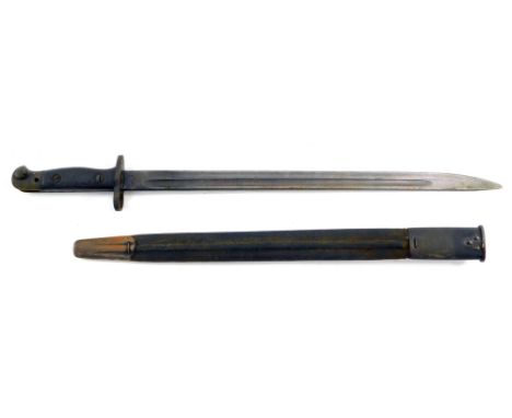 A patent 1907 bayonet, with a Wilkinson steel blade, in a scabbard, 55cm wide. 